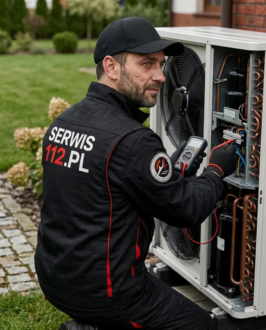 Serwisant w firmowym uniformie SERWIS112.PL bada miernikiem zaciski zewnętrznej pompy ciepła przy domu jednorodzinnym.